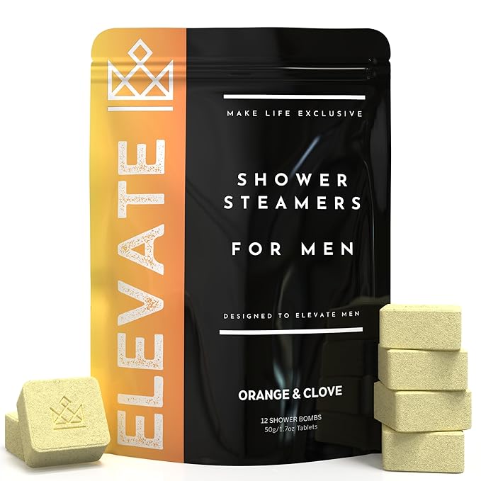 Shower Steamers for Men - Elevate - Citrus Orange & Clove Organic Shower Bombs for Elevated Mornings - 12 Pack of Relaxing Tablets - Strong Scented Long Lasting Aromatic Steamers - Bloomnest