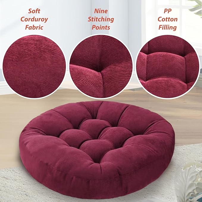 Meditation Floor Pillow Set of 2 Large Round Floor Cushions for Adults Tufted Corduroy Floor Seat Pillows Cushion for Living Room Tatami Yoga,Dark Grey 22" L x 22" W x 5" H