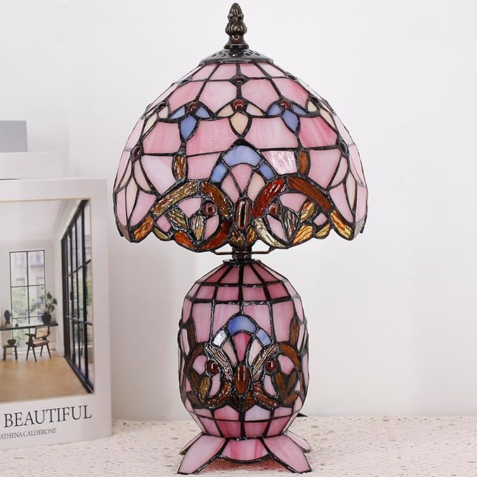 Small Tiffany Lamp Stained Glass Table Lamp Mini Mother Daughter Vase Desk Accent Light for Bedroom Bedside Reading Home Antique Style Decor 8X14 Inches (Pink Baroque) - Bloomnest