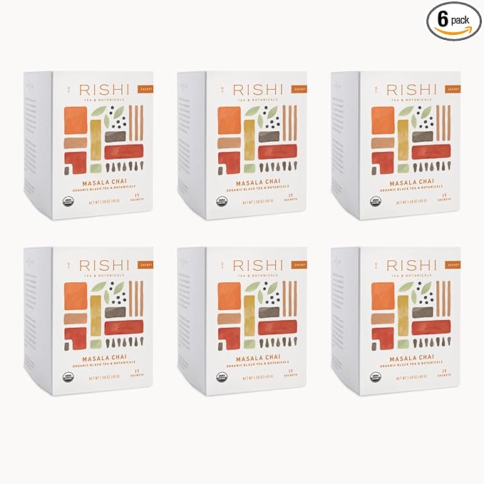Rishi Tea Masala Chai Tea - Organic Sachet Tea Bags, Assam Black Tea Blend with Whole Spices, Energizing & Caffeinated - 15 Count (Pack of 6) - Bloomnest