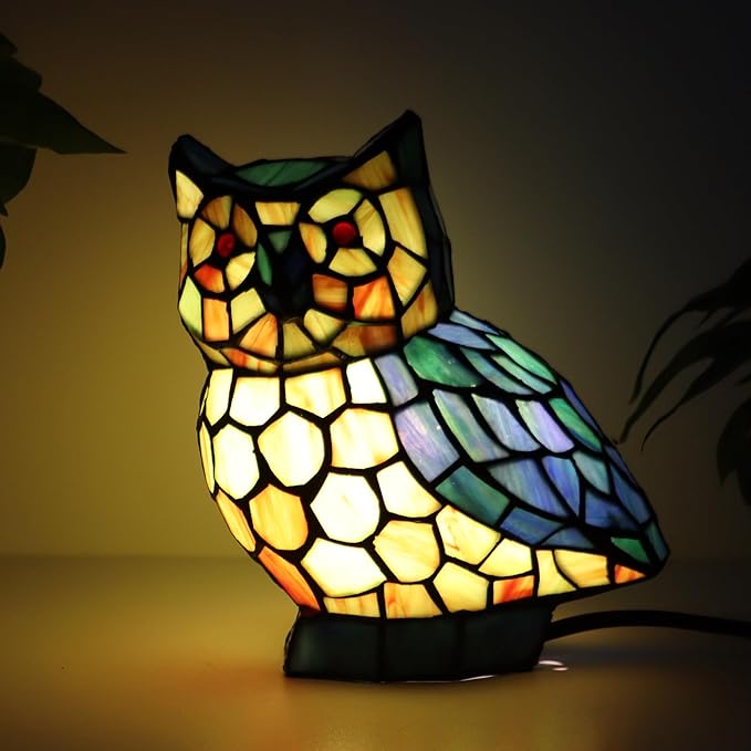 Tiffany Owl Lamp Blue and Green Stained Glass Animal Table Lamp Accent Lamp - Bloomnest