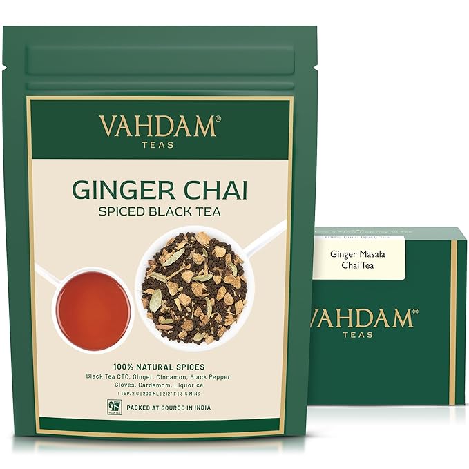VAHDAM, Ginger Masala Chai Tea (50+ Cups,3.53oz) Authentic Indian Ginger Tea | Spiced Chai Tea Loose Leaf | Brew Hot, Iced Or Chai Latte | Vacuum Sealed Pack - Bloomnest