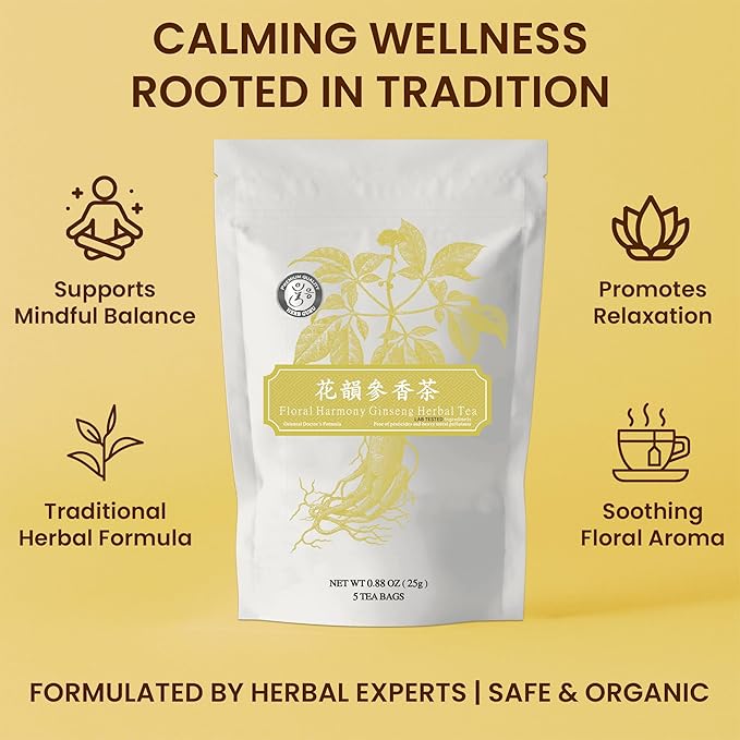 Herb Guru Floral Harmony Ginseng Herbal Blend with Rosa Rugosa and Chrysanthemum Flowers Natural Tea in Convenient Tea Bags | Herbal Infusion for Relaxation Wellness and Daily Balance