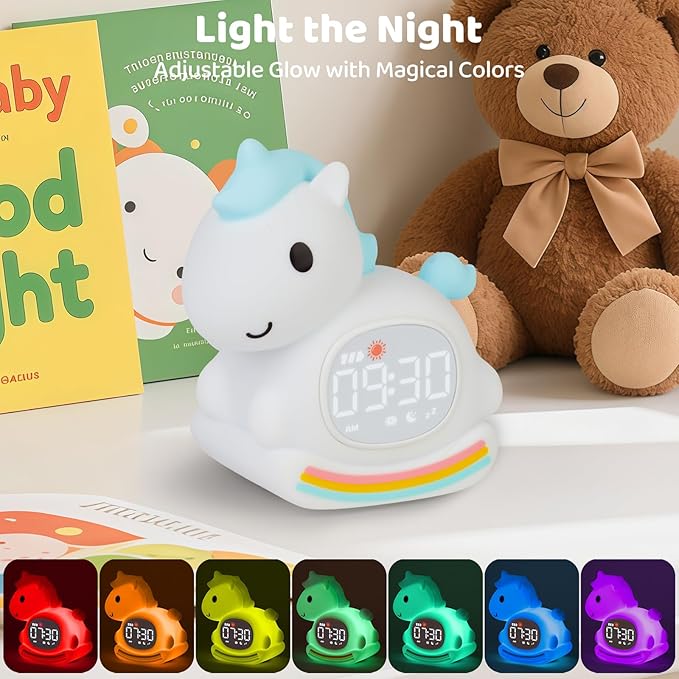 Alarm Clock with Night Light for Kids with Sleep Training and Sound Machine, Rechargeable Silicone Lamp OK to Wake Clock，Cute Animal Tabletop Lamp, Perfect Sleep Companion for Boys Girls，Blue Pony - Bloomnest