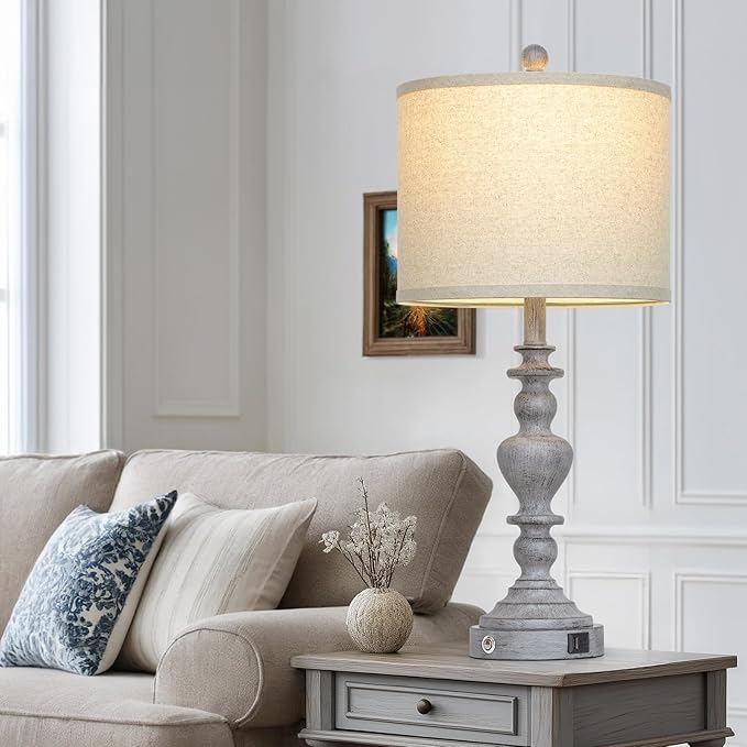 27" Tall Table Lamps for Living Room, 3-Way Dimmable Touch Control Farmhouse Vintage Table Lamps Set of 2 with USB C+A Ports and AC Outlets, Rustic Bedside Nightstand Lamp for Bedrooms Office Grey - Bloomnest