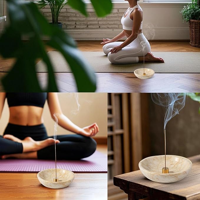Koville Natural Marble Incense Holder, Incense Holder for Sticks with 9 Holes, Handmade Incense Burner Ash Catcher for Meditation Yoga SPA, Balsam Fir/Palo Santo/Sage/Cone (Gold) - Bloomnest