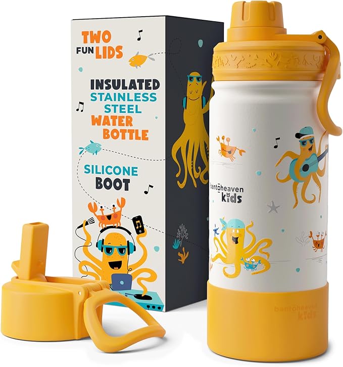 Bentoheaven Kids Water Bottle Stainless Steel for Boys & Girls, 2 Lids (Chug & Straw), Handle & Silicone Boot, Reusable Metal Leak-proof Insulated Tumbler, School & Sports 17oz (Orange) - Bloomnest
