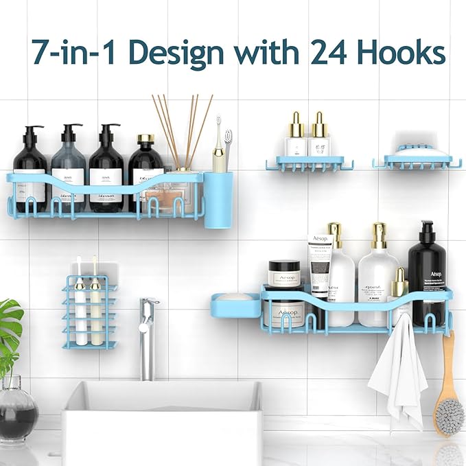 Shower Caddy Adhesive Shower Organizer 7-Pack, Rustproof Stainless Steel Bathroom Shelves, Large Capacity No-Drill Rack Storage Accessories with Soap Dish Toothbrush Holder Hooks - Bloomnest