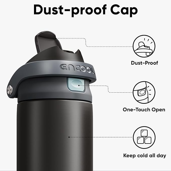 ENCOOL Leakproof Insulated Water Bottle with Straw Dual-Sip Water Bottle Bag-Safe Design for Work, Commute & Gym – Keeps Drinks Cold All Day, 32 oz, Charcoal Gray ENCOOL