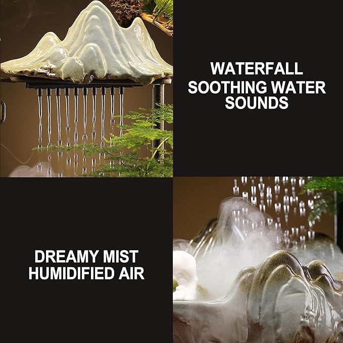 Crane Tabletop Fountain Indoor Waterfall Fountain Office Tabletop Water Fountain with Lights Backflow Incense Burner Ceramic Indoor Zen Decor for Home Office Yoga Meditation (Crane) - Bloomnest