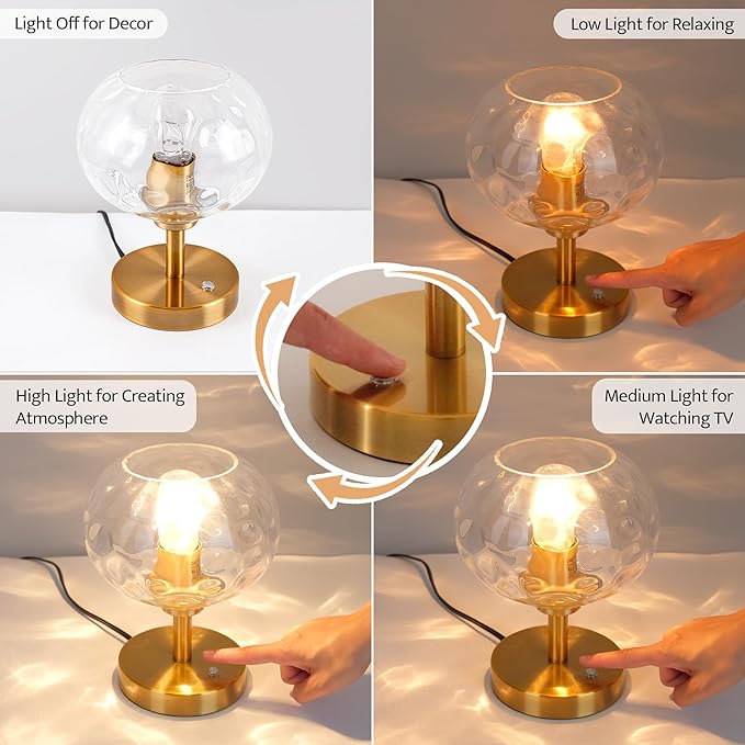 Touch Control Hammered Glass Table Lamp Brass Gold Portable Dimmable Brightness Small Nightstand Light 3-Way Stepless Dimming Bedside Bedroom Living Room (Clear Glass & Gold) - Bloomnest