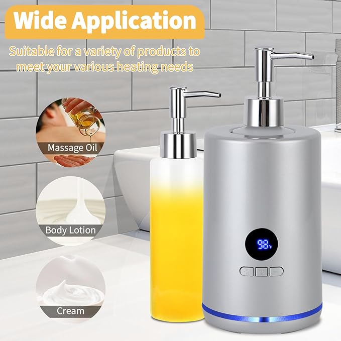 Massage Oil Warmer with 2 Bottles, Professional Electric Lotion Warmer Bottle, Digital Display, Rapid Heating, Automatic Massage Oil Heater for Salon Spa Massage (Silver) - Bloomnest