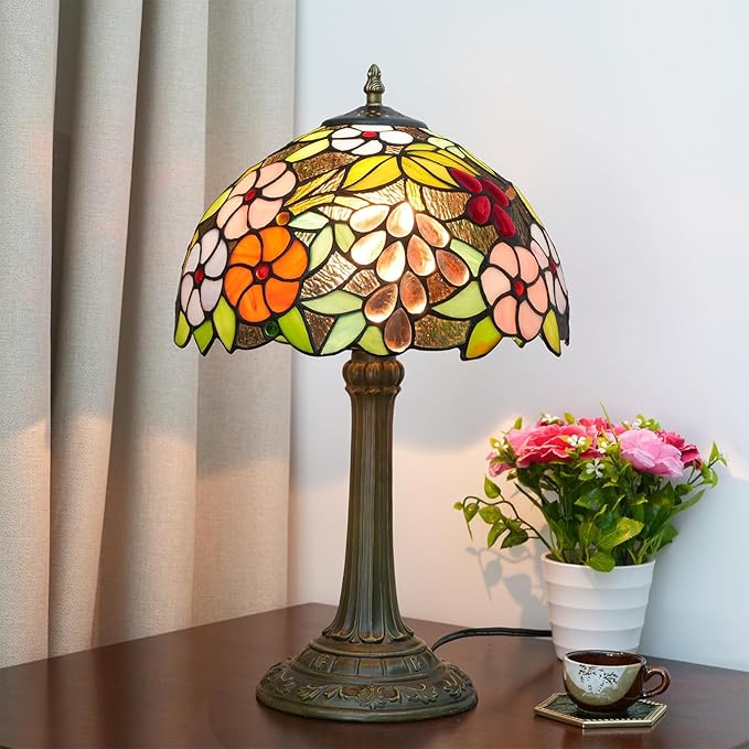 Tiffany Lamp Stained Glass lamp Bedside Table Lamps for Living Room Bedroom Dorm Kitchen Home Decor Festival Birthday Gift,12 inches Grape Flower - Bloomnest