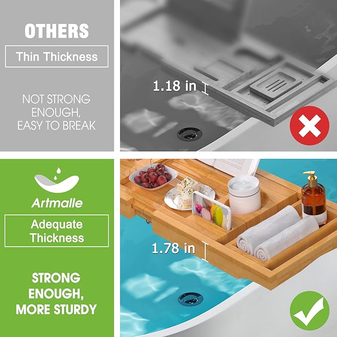 Artmalle Bathtub Caddy Tray for Tub,Foldable Bamboo Bath Table Tray with Book and Wine Glass Holder, Free Soap Dish Suitable for Luxury Spa or Reading,Natural - Bloomnest