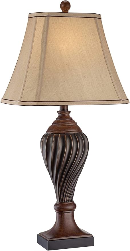 Regency Hill Traditional Style Table Lamp 28.5" Tall Carved Two Tone Brown Urn Shaped Ball Beige Fabric Rectangular Shade for Living Room Bedroom House Bedside Nightstand Home Office - Bloomnest