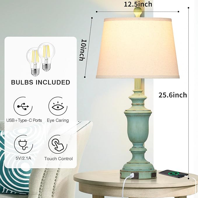 25.6" Farmhouse Table Lamps Set of 2 with USB C+A Ports & AC Outlet for Rustic Living Room Retro Bedroom,3-Way Dimmable Touch Lamp Bedside Lamps for Nightstand Side End Table,Retro Green - Bloomnest