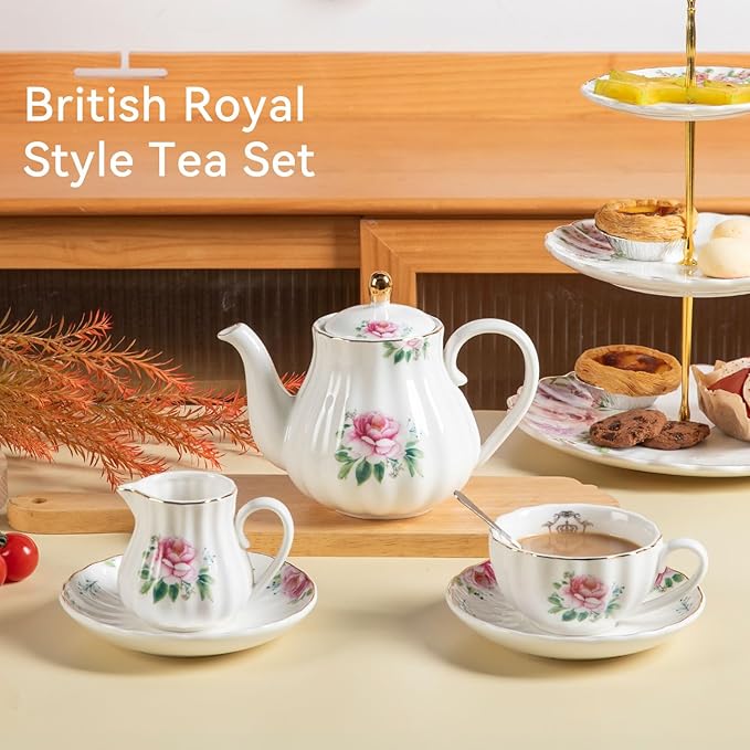 Porcelain Tea Sets British Royal Series, 8 OZ Cups & Saucer Service for 6, with Teapot Sugar Bowl Cream Pitcher Teaspoons and Tea Strainer, Suitable for High Tea, Wedding, Party(Blush Pink) - Bloomnest