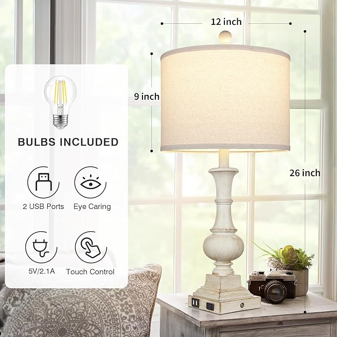 26" Farmhouse Table Lamp, Vintage Rustic Touch Control Bedside Lamp with 2 USB Ports & AC Outlet, Boho Resin 3-Way Dimmable Nightstand Lamp Linen Fabric Shade for Living Room Bedroom End Table White - Bloomnest