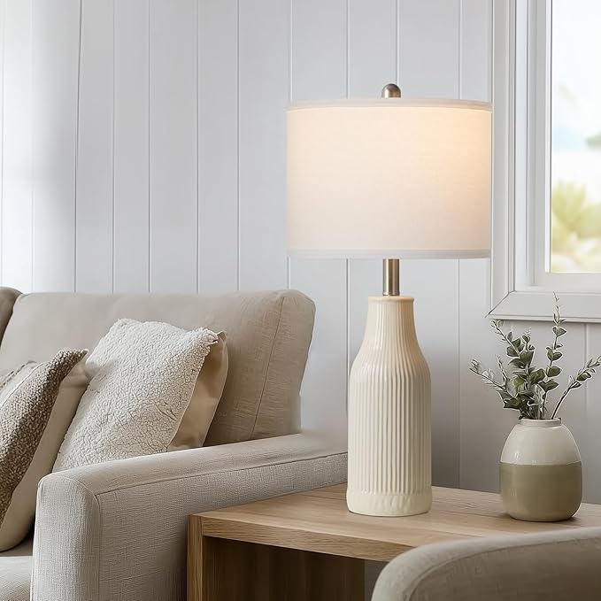 24.5" Modern Ceramic Table Lamp for Nightstand, Farmhouse Bedside Lamp for Bedroom, Small Table Lamps for Living Room End Table, Beige (1 Pack) - Bloomnest