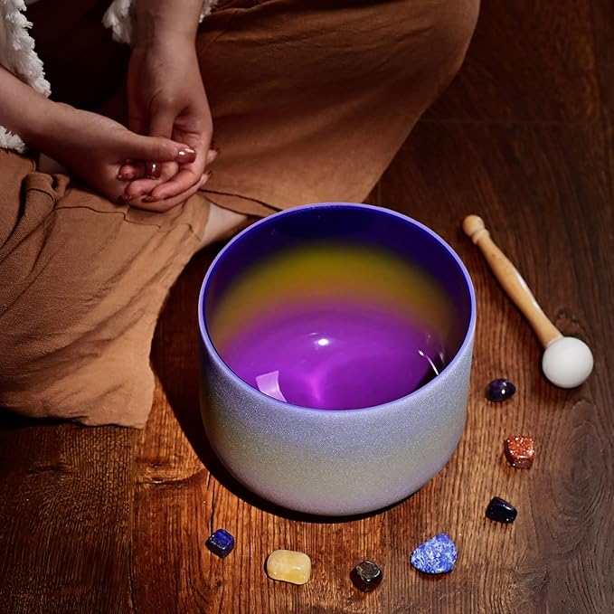 CVNC 440HZ 8 Inch Rainbow Colored A Note Third-Eye Chakra Frosted Quartz Crystal Singing Bowl for Sound Healing and Meditation - Bloomnest