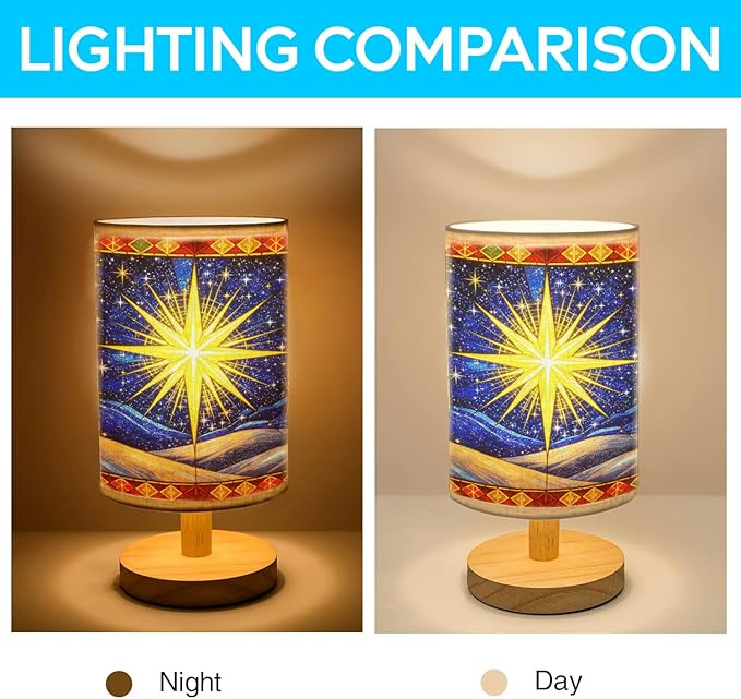 Star Christmas Table Lamp LED 3-Color Pressed Bedside, Star Christmas Shade Lamp with Wood Base for Bedroom Living Room Desk Office - Bloomnest