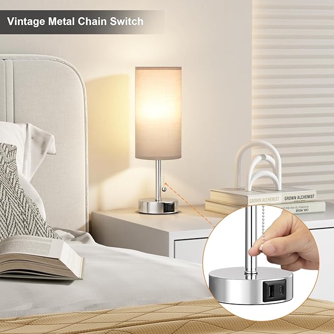 Grey Table Bedside Lamp for Bedroom Nightstand - Small Silver Lamp with USB A + C Charging Port, 3 Color Temperatures Pull Chain Night Stand Light with Bulb, Side Table Desk Lamp for Living Room - Bloomnest