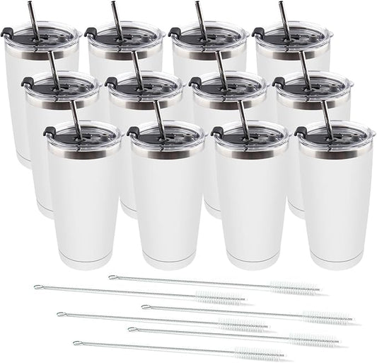 Amtidy 12 Pack 20oz Stainless Steel Tumbler with Lid, Powder Coated Vacuum Insulated Tumbler Cup, With straw and cleaning brushDouble Wall Coffee Tumbler, Powder Coated Travel Mug - Bloomnest