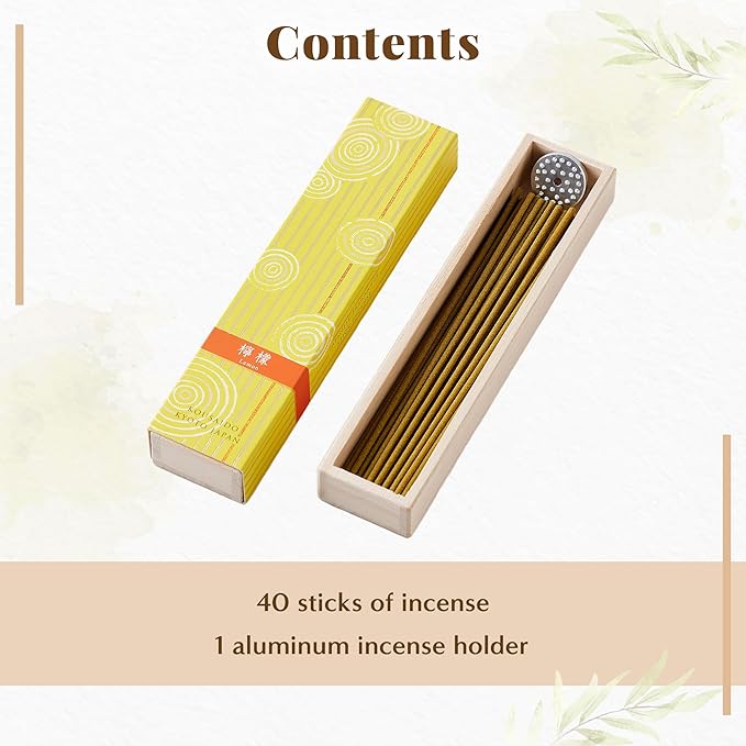 Hasegawa Hyakurakuko Premium Japanese Sandalwood Incense - Long Type, 40 Sticks with Aluminum Holder, 20-30 Min Burn Time, Made in Japan 線香 百楽香 (Lemon) %E3%81%AF%E3%81%9B%E3%81%8C%E3%82%8F%EF%BC%88Hasegawa%EF%BC%89