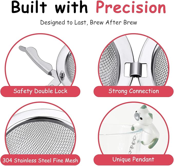 Calico Cat Tea Infuser Set - Adorable Tricolor Kitty Hook, Fine Mesh Loose Leaf Tea Steeper, Stainless Steel, No Mess, 1 Pack (Cat Lounging in Green and White)