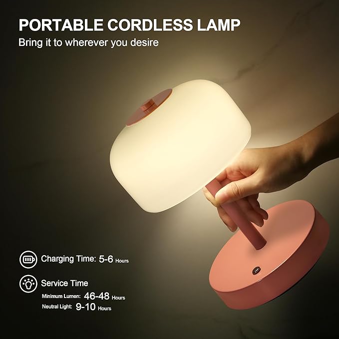 Oneach Portable Cordless Table Lamp, Rechargeable Battery Powered Lamp with Opal Glass Shade, 3-Way Dimmable LED Touch Mushroom Table Lamp for Bedroom, Bedside, Living Room, Dining Room, Patio, Pink - Bloomnest