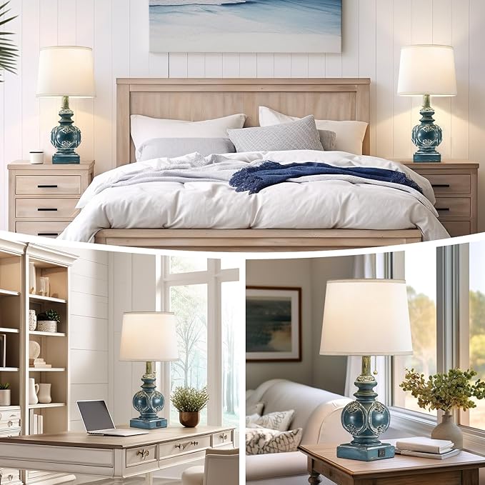 20.75" Farmhouse Table Lamps for Bedroom Set of 2, Rustic Bedside Lamps with 2 USB Port, Retro side table lamp Antique Nightstand Lamp for Living Room End Table Office Country, Traditional Washed Blue - Bloomnest