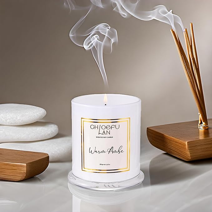 Chloefu LAN Warm Amber Candle, Scented Candles Gifts for Women & Men, Amber Oil, Cotton Wick, Natural Soy Wax for Clean Burning, Luxury Home Decor, Non-Toxic, Glass Jar Candle, 70 Hour Burn, 10 oz - Bloomnest