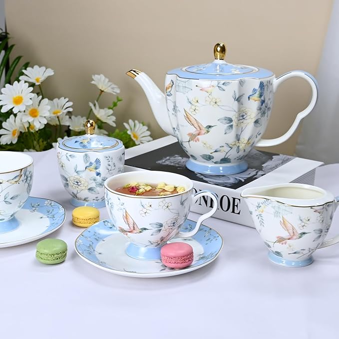 Bone China Tea Set, Porcelain Tea Sets for Adults, Blue and White Bone China Tea Cup Set for 6, Vintage Tea Sets for Women Tea Party - Bloomnest