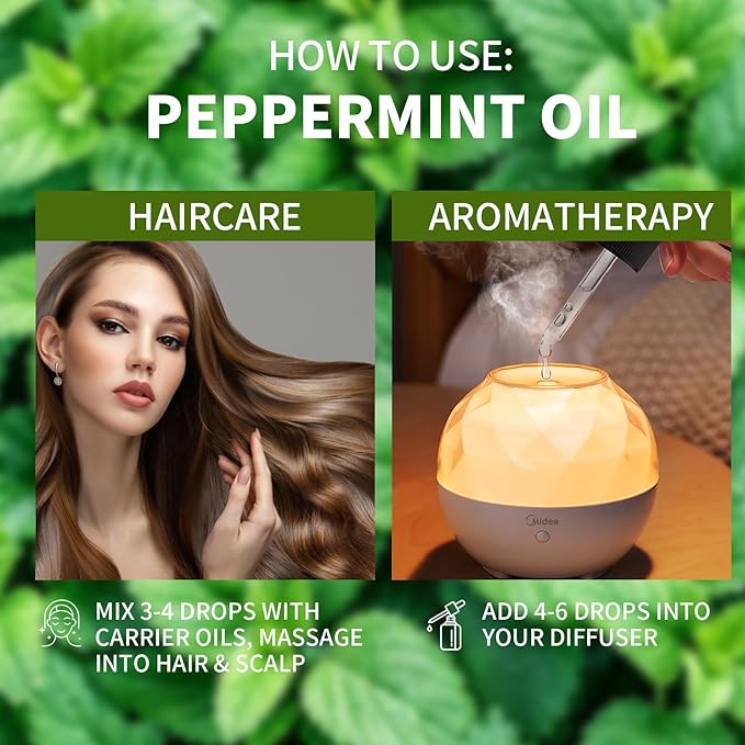 Peppermint Essential Oil 60ml-100% Pure & Natural Therapeutic Grade for Diffuser, Skincare & Hair Care-Invigorating & Refreshing Aroma for Focus, Stress Relief & Energy-Amber Glass Bottle with Dropper OKADY