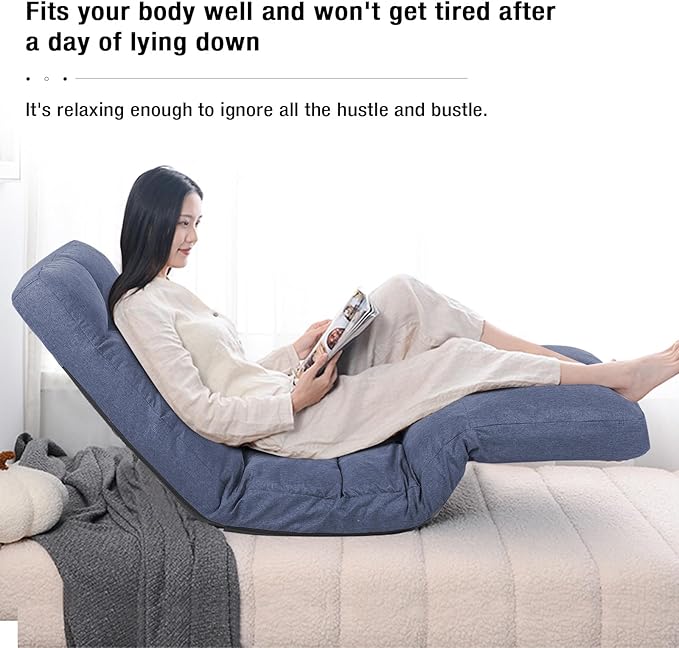 Floor Chair with Footrest Adjustable Backrest with 14 Positions Footrest 5-Position Adjustment Foldable Floor Gaming Chair for Easy Storage Linen Fabirc Chaise Lounge 086 (Blue)