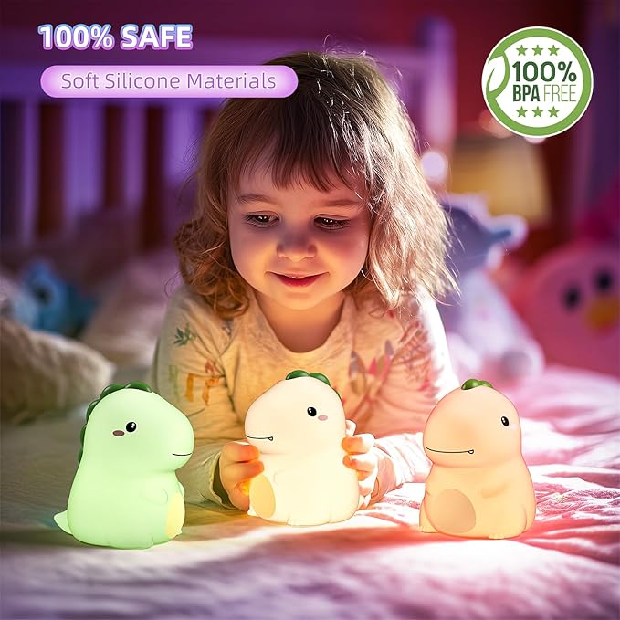 Dinosaur Night Light for Boys, Dino Lamp Silicone Light, 16 Color Nightlight, Rechargeable Battery Powered, 30Min Timer Off, Ideal Gifts for Kids,Toddler,Baby - Bloomnest