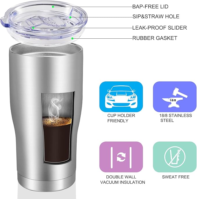VEGOND 20oz Tumbler Stainless Steel Tumbler Cup with Lid And Straw Vacuum Insulated Double Wall Travel Coffee Mug(Stainless 6 Pack)