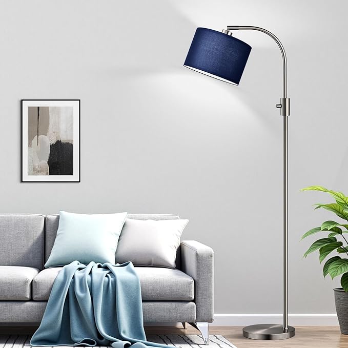 【Upgraded】 Dimmable Brushed Nickel Floor Lamp, 1200 Lumens LED Bulb Included, Arc Floor Lamps for Living Room Modern Standing Lamp with Blue Shade, Tall Lamp for Living Room Bedroom Office Study room - Bloomnest