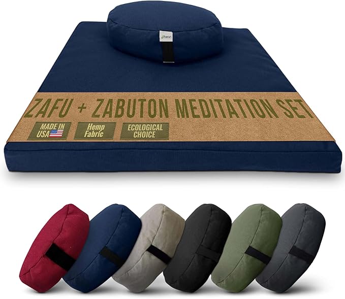 Meditation Cushion Mat Set HEMP- Large Oval Zafu Floor Pillow Organic Buckwheat Pillow + Cotton Filled HEMP Zabuton Prayer Pad - Meditation Pillow Yoga Knee Pad, Made in USA - 18" Oval, BLUEBERRY Hemp - Bloomnest