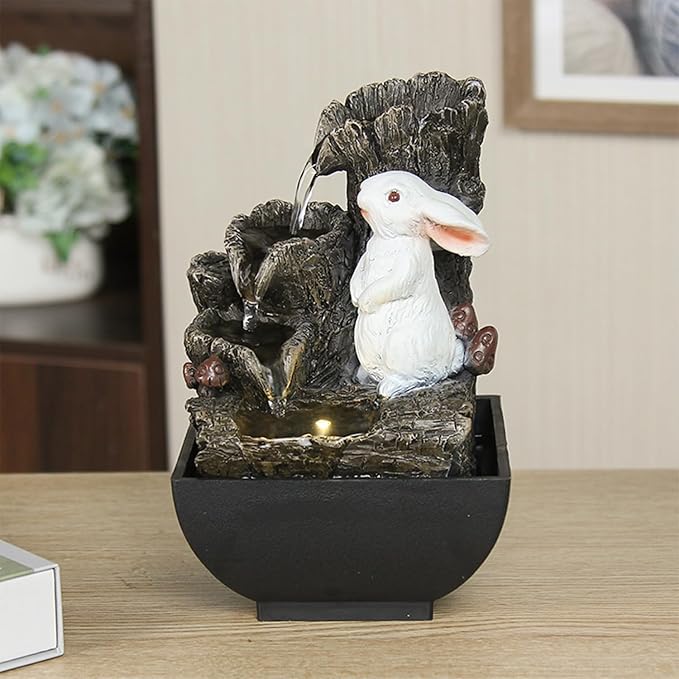 Cascading Rock Tabletop Fountain, Cute Indoor Waterfall Fountain with Colored LED Lights and Rolling Ball, 3 Tiered Desktop Fountain for Office Home Bedroom (Rabbit)