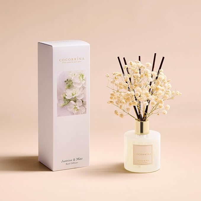 COCORRÍNA Reed Diffuser - Jasmine & Mint 6.7 Fl.oz Reed Diffuser Set with Sticks & Preserved Baby's Breath, Reed Diffuser for Home Bathroom Shelf Decor - Bloomnest
