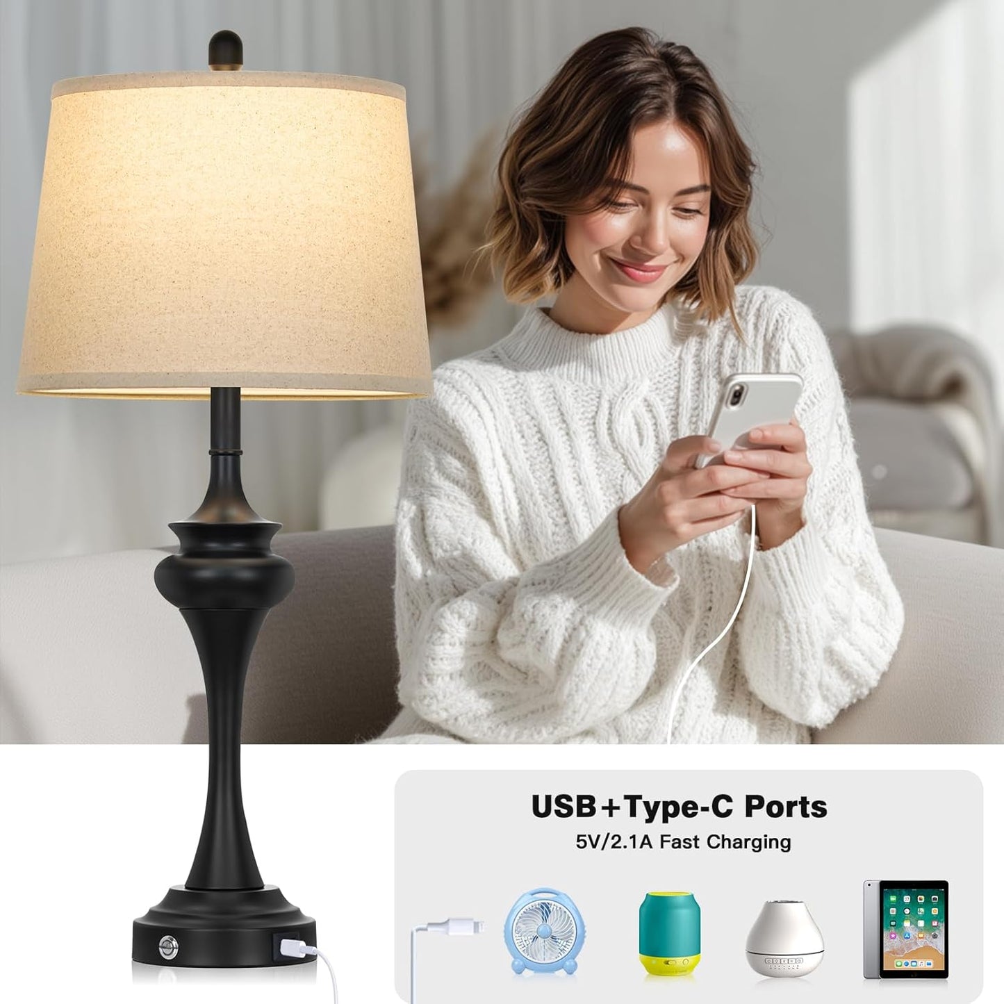 30" Black Tall Table Lamps for Living Room, Touch Control Bedside Lamp with USB A+C Ports, 3-Way Modern Bedroom Table Lamps Set of 2, Elegant Metal Lamp for Nightstand Desk Side Table Office