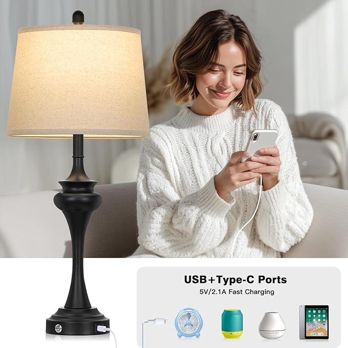 30" Black Tall Table Lamps for Living Room, Touch Control Bedside Lamp with USB A+C Ports, 3-Way Modern Bedroom Table Lamps Set of 2, Elegant Metal Lamp for Nightstand Desk Side Table Office - Bloomnest