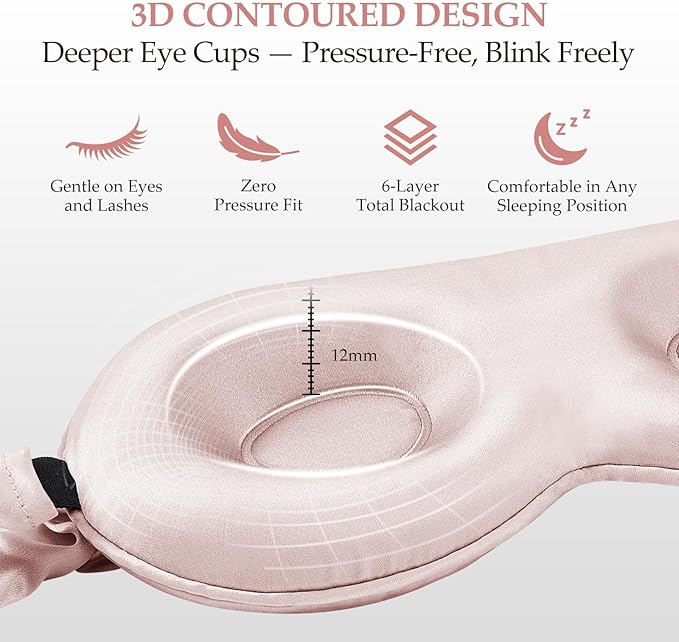 100% Mulberry Silk Sleep Mask for Unisex, 22 Momme 3D Silk Contoured Eye Mask, Breathable Light Blocking Blindfold with Adjustable Strap, Blackout Eye Cover for Travel, Pink - Bloomnest