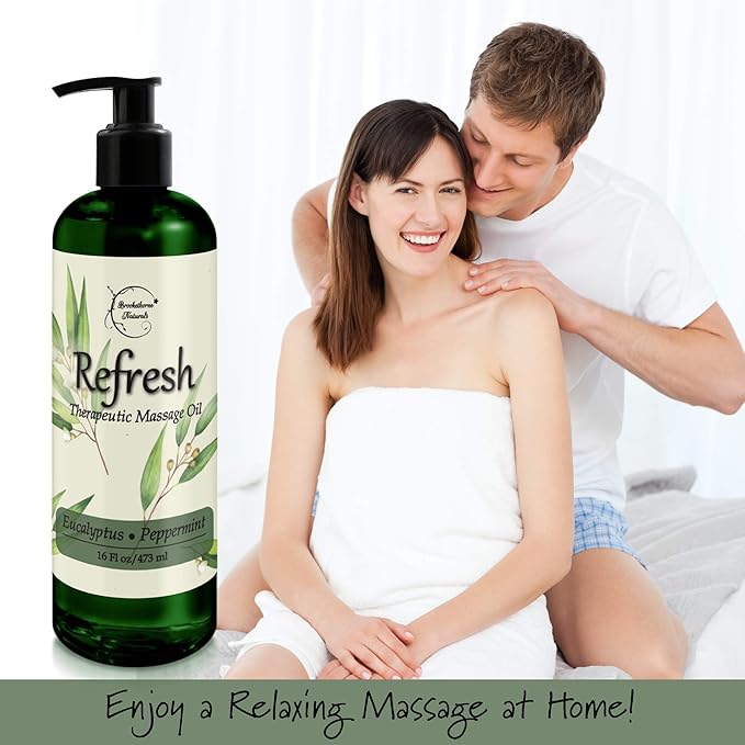 Refresh Massage Oil for Massage Therapy with Eucalyptus & Peppermint Essential Oils - All Natural, Great for Sore Muscles. Ideal for Full Body Relaxation – Nut Free Formula 16oz - Bloomnest