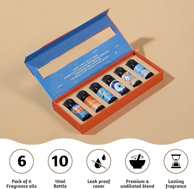Folkulture Essential Oils for Home | Set of 6 (0.34 fl oz x 6) Beach Diffuser Oil for Relaxation | Coconut Essential Oil for Meditation | Aqua, Oud, Orange Zest Essential Oils for Women - Bloomnest