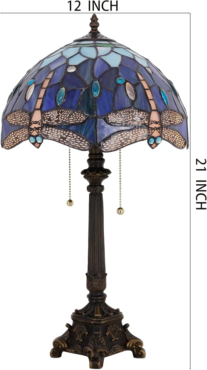 Tiffany Lamp Blue Dragonfly Style Stained Glass Table Lamp Desk Reading Light 12X12X21 Inches with Resin Base Decor Bedroom Living Room - Bloomnest