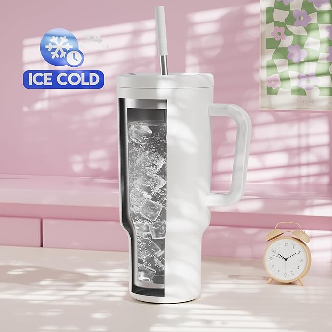Meoky 40 oz Tumbler with Handle and Straw: Stainless Steel Insulated Tumbler with Lid and Straw - 100% Leak Proof Tumbler for Car Cup Holders - Travelers Commuters Workers, White - Bloomnest