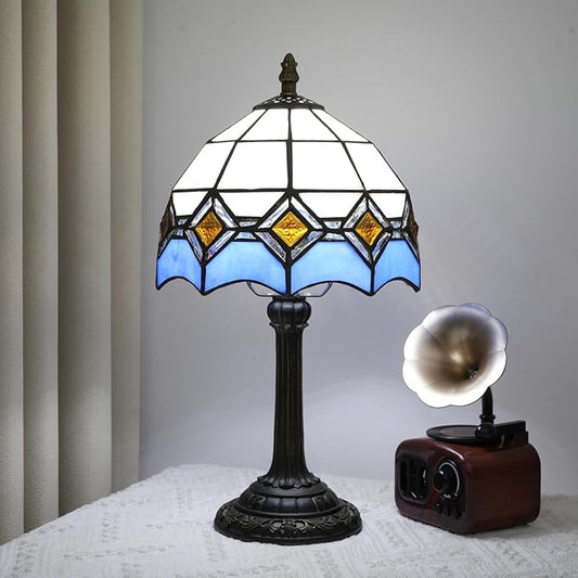 Blue and White Lamp Small Tiffany Lamps Bedside for Bedroom Dector Light Stained Glass Table Lamp Living Room Night Lamp Farmhouse Cute 8 Inch Aesthetic Mediterranean Mosaic Nightstand Desk Lamps E26 - Bloomnest