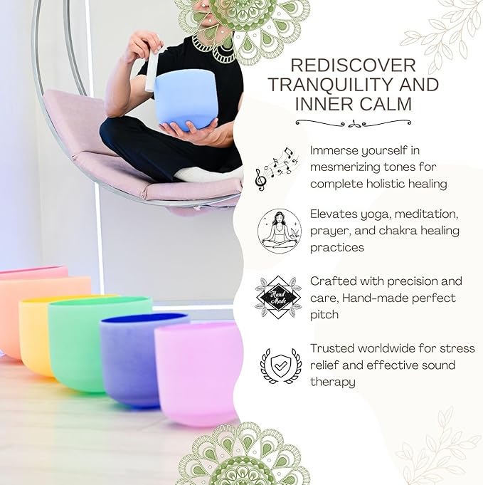 6-12inch Color 432hz Quartz Crystal Singing Bowls Set of 7, for Healing Mindfulness Meditation Yoga Sound Baths with Case Mallet Suede Striker - Bloomnest